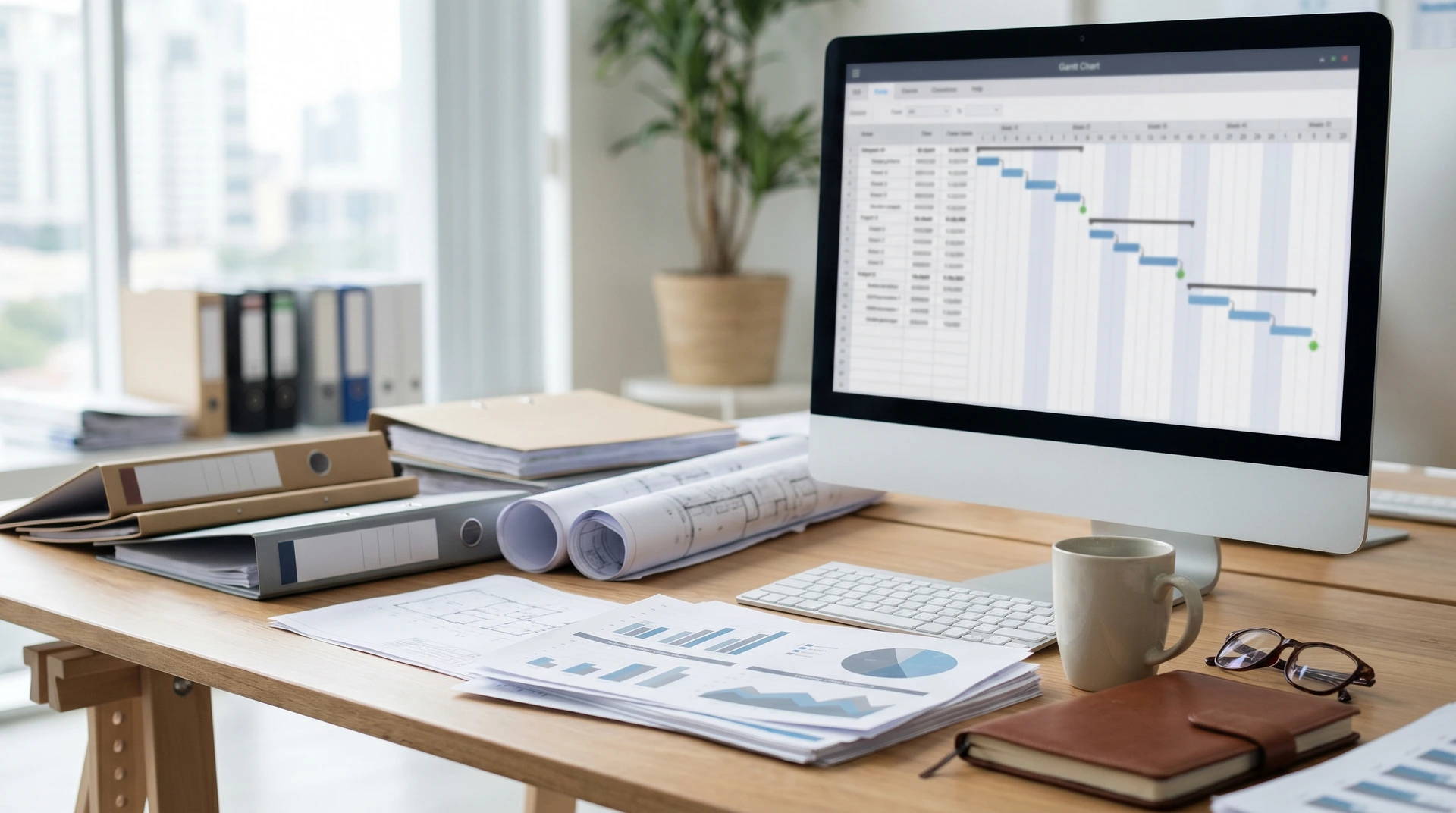 Skrivbord med dator som visar Gantt-schema, dokument och ritningar.