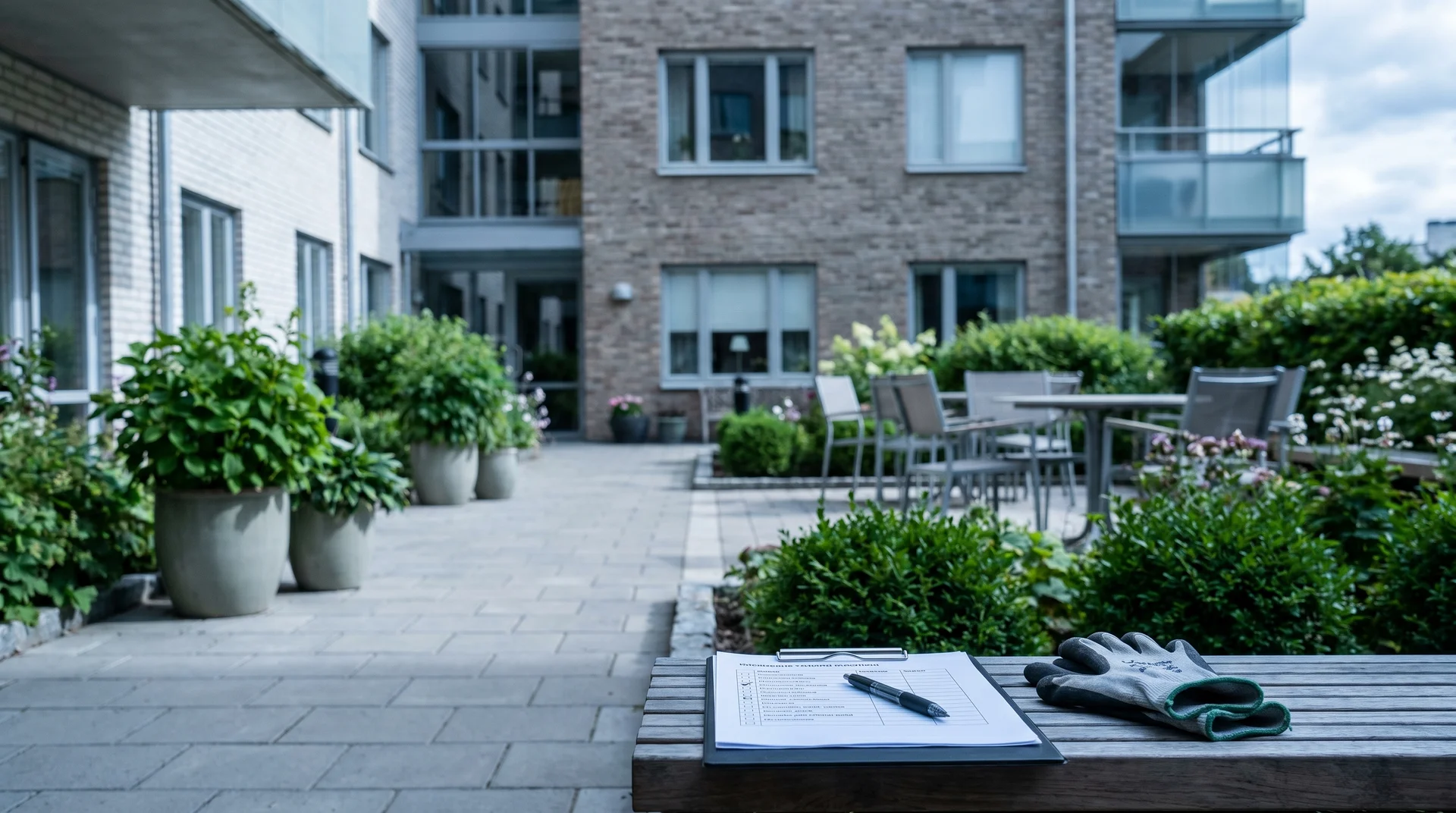 Innergård med gröna växter, utemöbler och dokument på bänk.