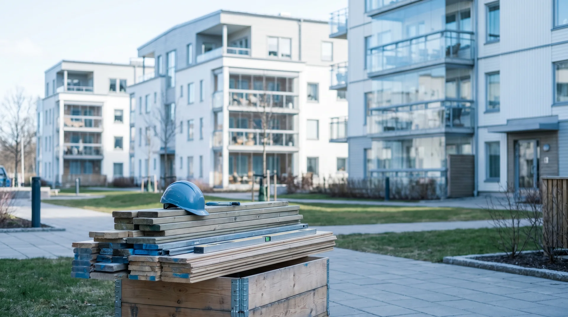 Byggmaterial och blå hjälm framför moderna lägenhetsbyggnader under konstruktion.